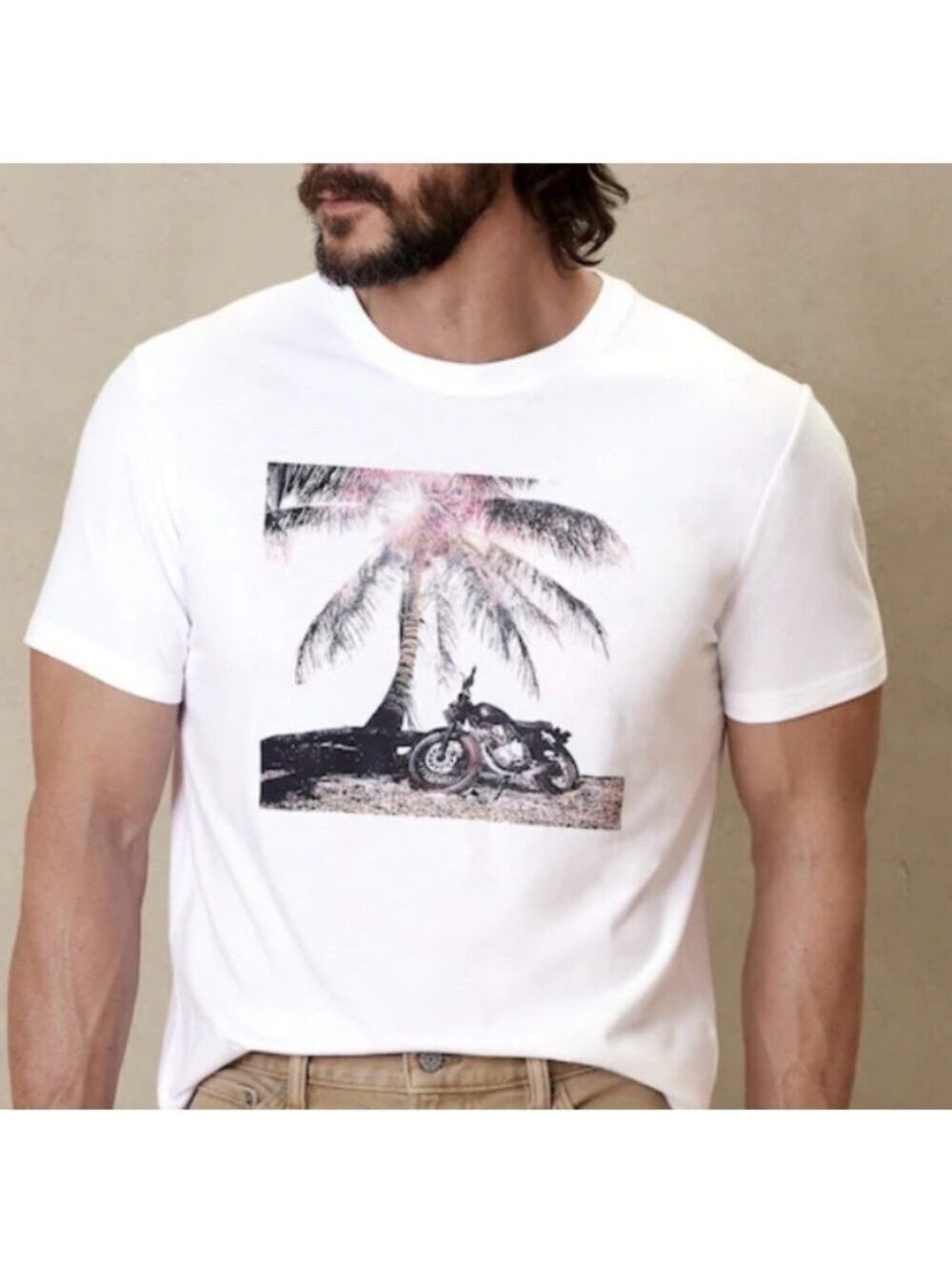 Banana Republic White Tee with Palm Tree and Motorcycle Graphic - Size XL